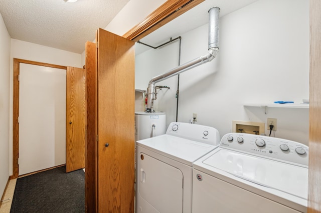 5948 Lavaque Rd, Fredenberg Twp, MN 55803 - laundry room with washing machine and dryer, carpet floors, a textured ceiling, and water heater
