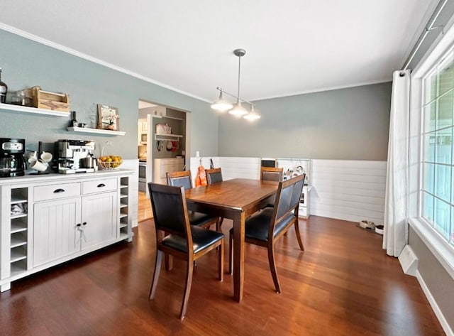 315 32nd St, Grand Rapids, MN 55744 - dining room featuring ornamental molding, dark wood finished floors, plenty of natural light, and wainscoting