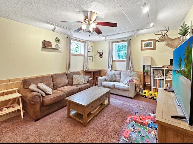 315 32nd St, Grand Rapids, MN 55744 - living area with track lighting, healthy amount of natural light, a wainscoted wall, a ceiling fan, and carpet