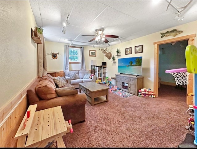 315 32nd St, Grand Rapids, MN 55744 - living area with rail lighting, ceiling fan, carpet floors, and a wainscoted wall