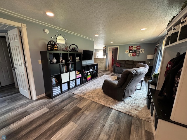 418 4th Ave W, Lisbon, ND 58054 - living room featuring a textured ceiling, dark wood-style floors, and recessed lighting