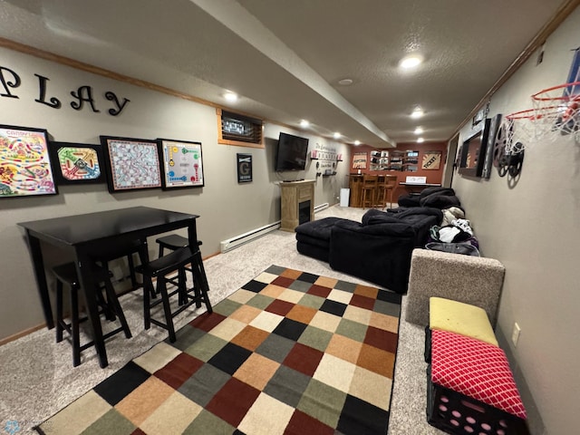 418 4th Ave W, Lisbon, ND 58054 - carpeted living room featuring a baseboard heating unit, a textured ceiling, recessed lighting, and bar area