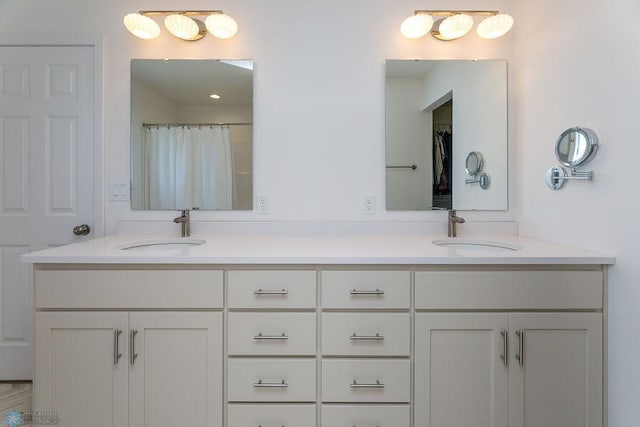 7328 Aquiline Dr S, Fargo, ND 58104 - bathroom with double vanity and a shower with shower curtain