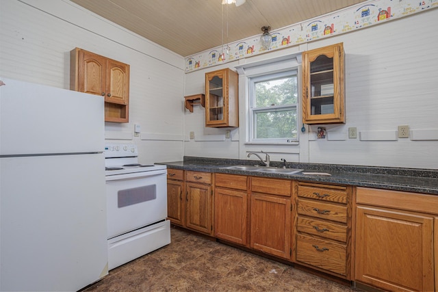 196 Beaulieu St W, Motley, MN 56466 - kitchen featuring white appliances, brown cabinetry, glass insert cabinets, and dark countertops