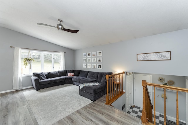 5520 25th Ave NW, Rochester, MN 55901 - living room with lofted ceiling, a ceiling fan, and wood finished floors