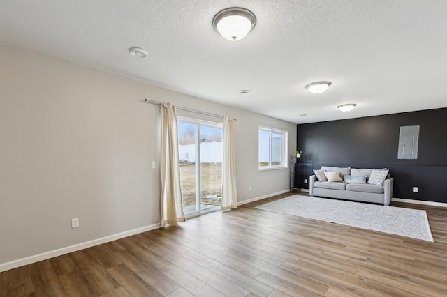 945 Breckenridge Ln, Montrose, MN 55363 - unfurnished living room featuring wood finished floors, a textured ceiling, and electric panel