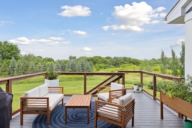 7568 Glen Alcove, Woodbury, MN 55129 - wooden deck featuring outdoor lounge area, a lawn, and a wooded view