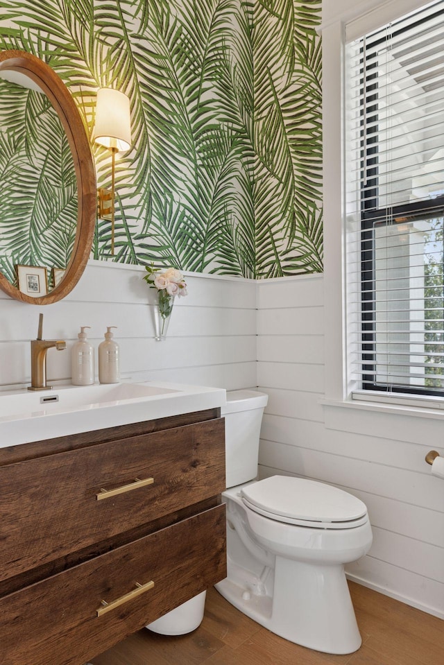 7568 Glen Alcove, Woodbury, MN 55129 - bathroom featuring vanity, wood finished floors, wallpapered walls, and plenty of natural light