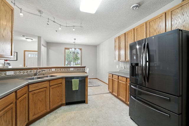 451 Frederick Cir Unit 1405, Hastings, MN 55033 - kitchen with fridge with ice dispenser, dishwashing machine, decorative backsplash, brown cabinets, and a textured ceiling