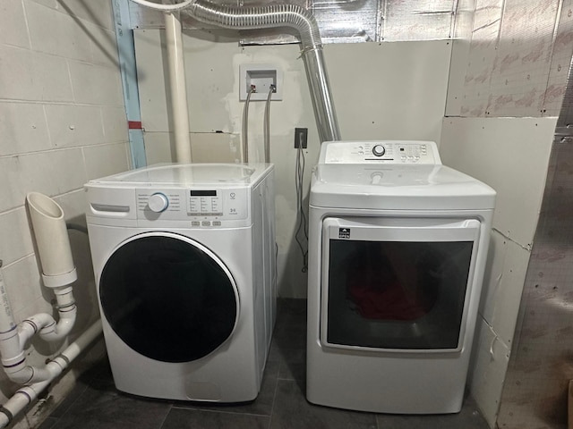 1520 6th St, Montevideo, MN 56265 - washroom featuring washer and clothes dryer, concrete block wall, and tile patterned floors