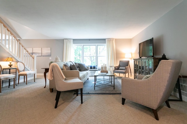 6045 Galpin Lake Rd, Shorewood, MN 55331 - carpeted living area featuring stairway