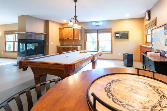 6045 Galpin Lake Rd, Shorewood, MN 55331 - recreation room with plenty of natural light, recessed lighting, billiards, a fireplace, and light colored carpet
