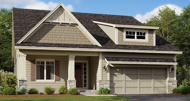 4578 Woodland Cove Pkwy, Minnetrista, MN 55331 - craftsman inspired home featuring a garage, driveway, covered porch, and a shingled roof