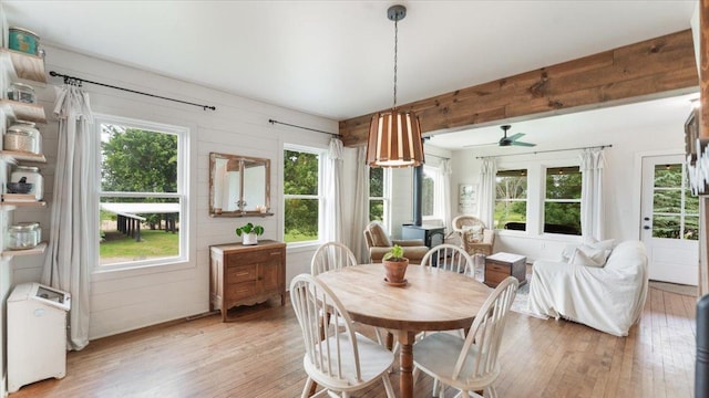 21038 Lace Ave, Hutchinson, MN 55350 - dining room featuring light wood-style floors, a ceiling fan, healthy amount of natural light, and wood walls