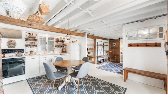 21038 Lace Ave, Hutchinson, MN 55350 - dining room with a barn door, beam ceiling, and cooling unit