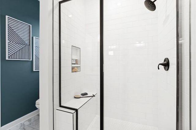 7579 Swan St, Lino Lakes, MN 55038 - bathroom featuring marble look tile flooring and a shower stall