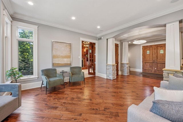 849 Brown Rd N, Orono, MN 55356 - living area featuring arched walkways, wood-type flooring, crown molding, and recessed lighting