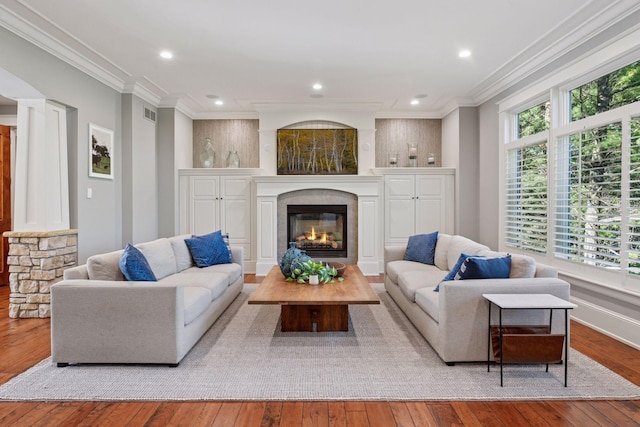 849 Brown Rd N, Orono, MN 55356 - living area with a glass covered fireplace, wood-type flooring, crown molding, and recessed lighting