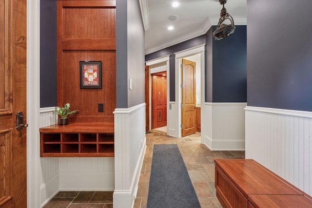 849 Brown Rd N, Orono, MN 55356 - hall featuring a wainscoted wall, crown molding, and stone finish flooring