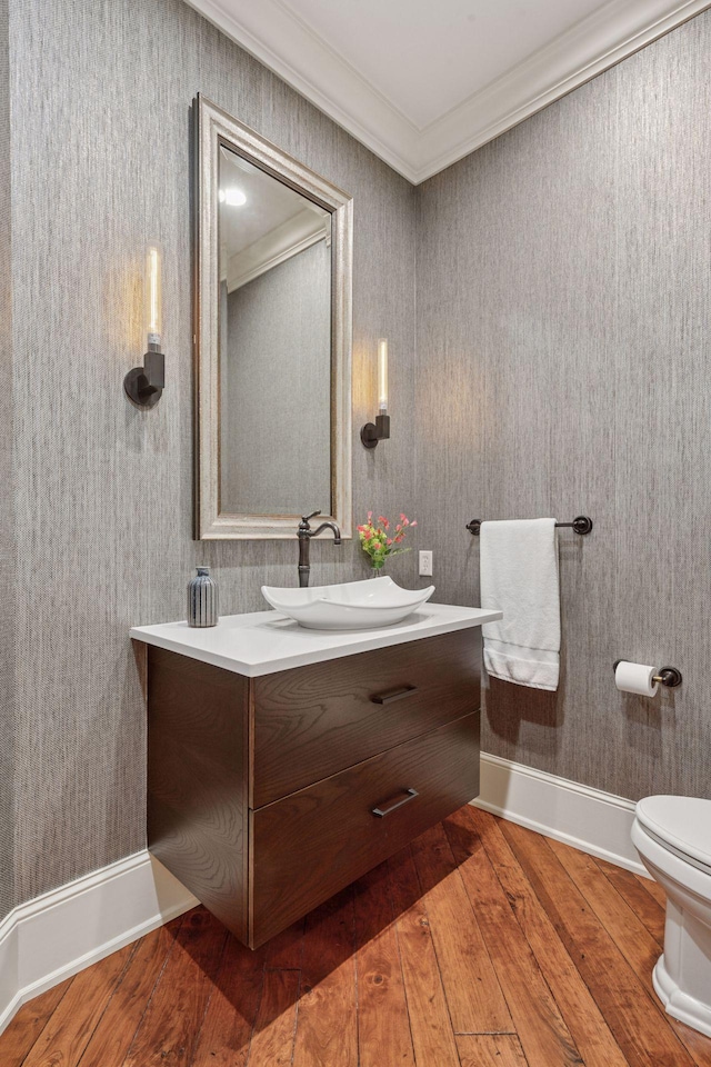 849 Brown Rd N, Orono, MN 55356 - bathroom featuring hardwood / wood-style floors, ornamental molding, and vanity