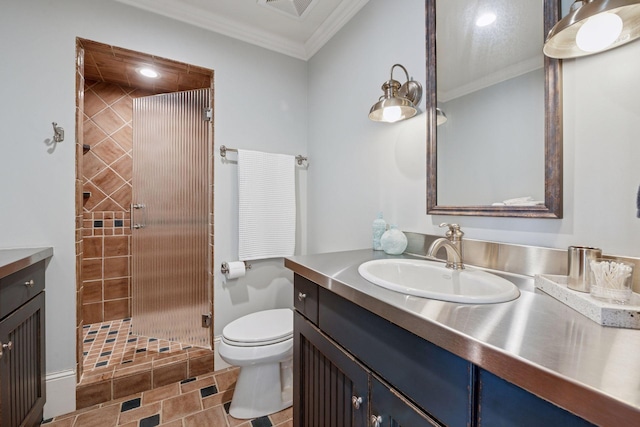 849 Brown Rd N, Orono, MN 55356 - full bathroom featuring vanity, crown molding, a stall shower, and tile patterned flooring