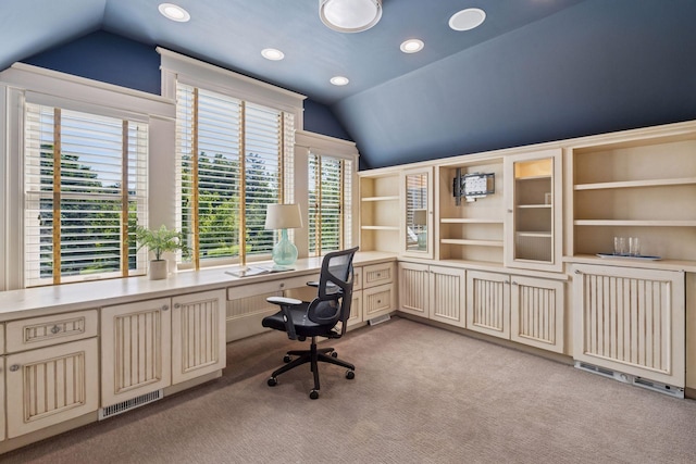 849 Brown Rd N, Orono, MN 55356 - office area featuring lofted ceiling, light carpet, recessed lighting, and built in desk
