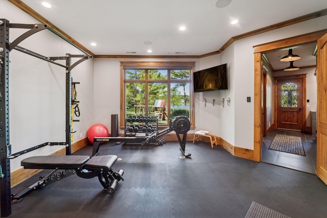 849 Brown Rd N, Orono, MN 55356 - exercise area featuring ornamental molding and recessed lighting