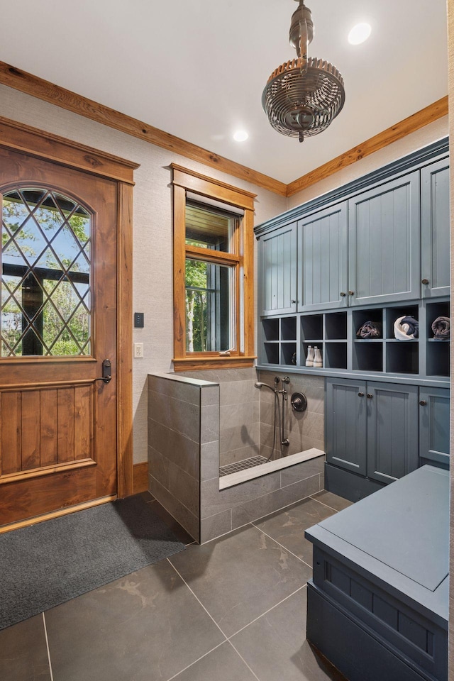 849 Brown Rd N, Orono, MN 55356 - mudroom with dark tile patterned flooring, ornamental molding, and recessed lighting