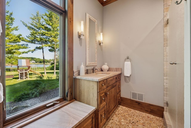 849 Brown Rd N, Orono, MN 55356 - bathroom featuring vanity, a water view, and wood finished floors