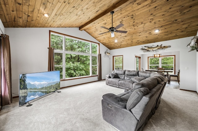 2801 263rd Ave NE, Isanti, MN 55040 - living room featuring carpet floors, healthy amount of natural light, a ceiling fan, wood ceiling, and recessed lighting