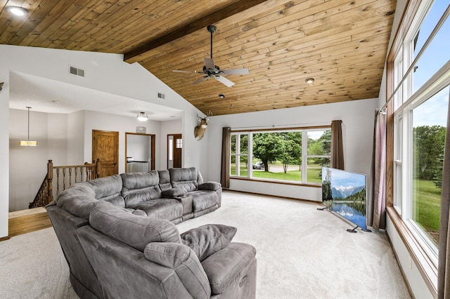 2801 263rd Ave NE, Isanti, MN 55040 - living room with light carpet, healthy amount of natural light, a ceiling fan, a wooden ceiling with exposed beams, and high vaulted ceiling