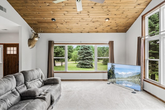 2801 263rd Ave NE, Isanti, MN 55040 - carpeted living room featuring lofted ceiling, plenty of natural light, wooden ceiling, and a ceiling fan