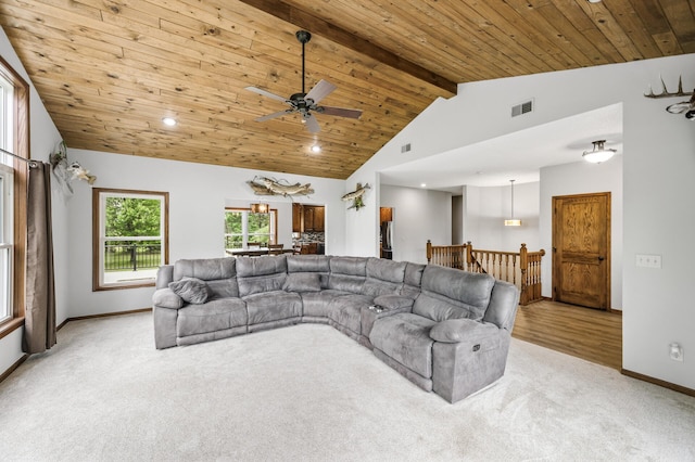 2801 263rd Ave NE, Isanti, MN 55040 - living area featuring light carpet, ceiling fan, wood ceiling, and recessed lighting