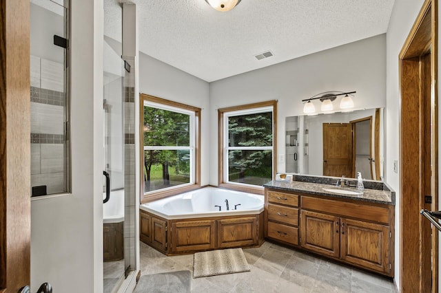 2801 263rd Ave NE, Isanti, MN 55040 - full bath with a stall shower, a garden tub, vanity, and a textured ceiling