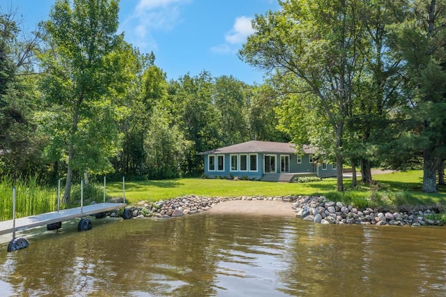 26877 Rainbow Ln, Merrifield, MN 56465 - dock area featuring a water view and a lawn