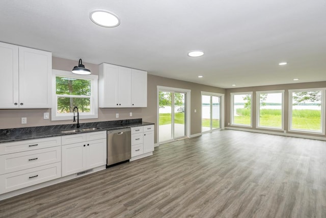 26877 Rainbow Ln, Merrifield, MN 56465 - kitchen featuring stainless steel dishwasher, healthy amount of natural light, light wood-style floors, white cabinets, and recessed lighting