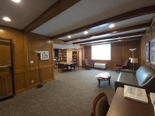 1181 Edgcumbe Rd Unit 709, Saint Paul, MN 55105 - living room with wood walls, beam ceiling, carpet, an office area, and recessed lighting