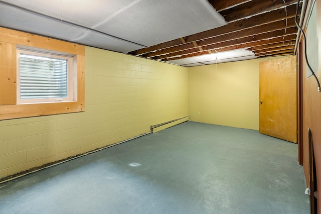7 Pleasant Ave SE, Remer, MN 56672 - basement featuring a baseboard radiator and concrete block wall