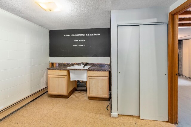 7 Pleasant Ave SE, Remer, MN 56672 - bathroom with a baseboard radiator, vanity, tile patterned floors, concrete block wall, and a textured ceiling