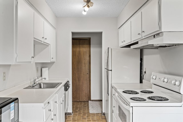 814 9th Ave S Unit 5, Hopkins, MN 55343 - kitchen with white range with electric stovetop, under cabinet range hood, light countertops, white cabinetry, and a textured ceiling