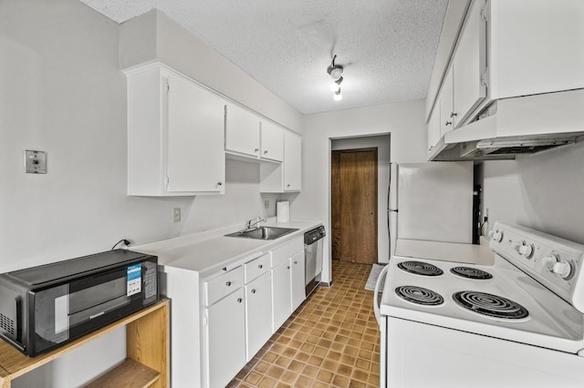 814 9th Ave S Unit 5, Hopkins, MN 55343 - kitchen featuring white appliances, light countertops, white cabinetry, a textured ceiling, and extractor fan