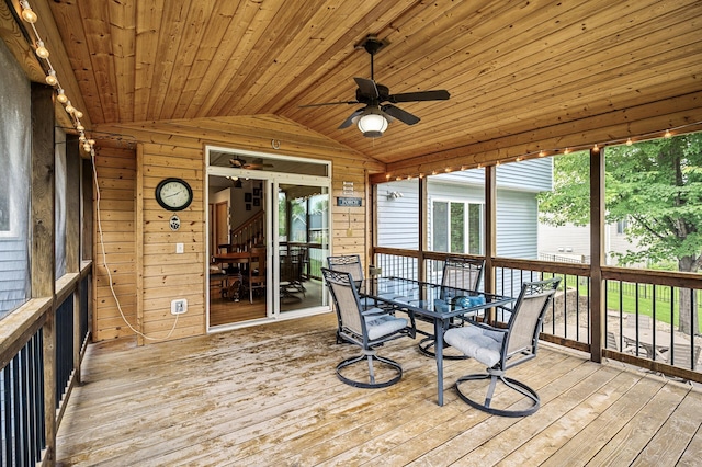 121 Arbor St, Northfield, MN 55057 - unfurnished sunroom featuring lofted ceiling, ceiling fan, and outdoor dining space