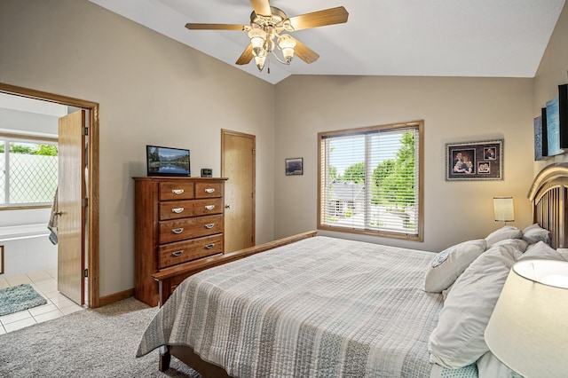 121 Arbor St, Northfield, MN 55057 - bedroom with vaulted ceiling, ceiling fan, light tile patterned flooring, and light colored carpet