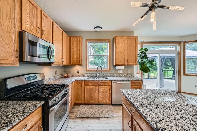 6788 Carlisle Curv, Shakopee, MN 55379 - kitchen featuring stainless steel appliances, light wood-type flooring, plenty of natural light, and stone countertops