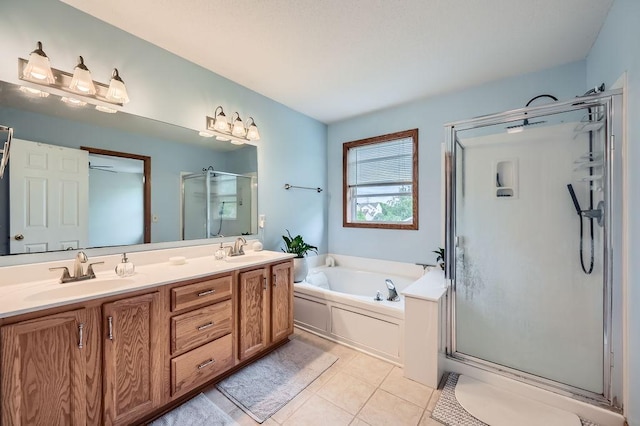 6788 Carlisle Curv, Shakopee, MN 55379 - bathroom featuring a stall shower, tile patterned floors, a garden tub, and double vanity