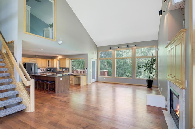 10902 Eagle Lake Blvd, Maple Grove, MN 55369 - living area featuring high vaulted ceiling, a fireplace, stairs, and light wood-style floors