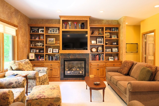 21601 Timber Hills Trl, Nisswa, MN 56468 - living room with a tiled fireplace and recessed lighting