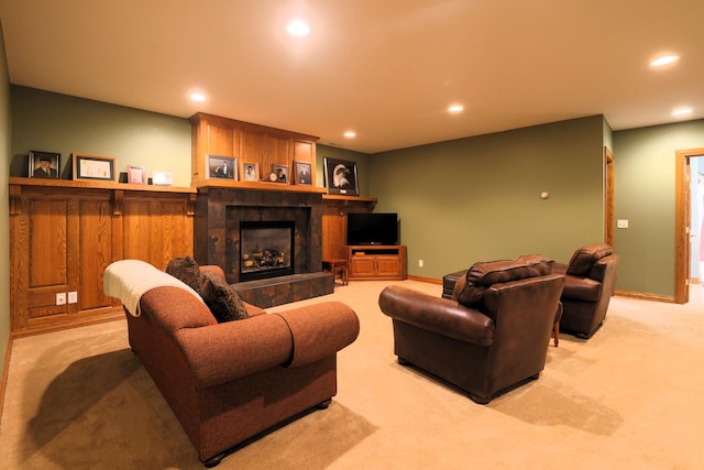 21601 Timber Hills Trl, Nisswa, MN 56468 - carpeted living room featuring recessed lighting and a tile fireplace