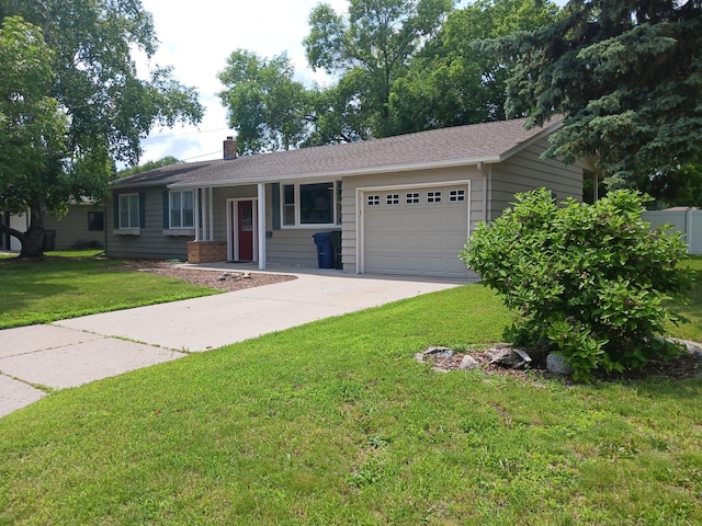 1235 Mitchell Pl, Fergus Falls, MN 56537 - ranch-style home with an attached garage, concrete driveway, a chimney, and a front yard