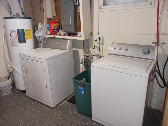 1235 Mitchell Pl, Fergus Falls, MN 56537 - laundry area featuring electric water heater, electric panel, and washing machine and clothes dryer